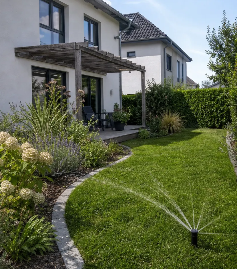 Gepflegter grüner Garten mit laufender Bewässerung