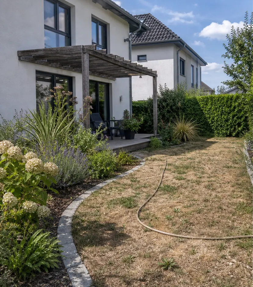 Trockener Garten mit braunen Rasenstellen vor der Bewässerung