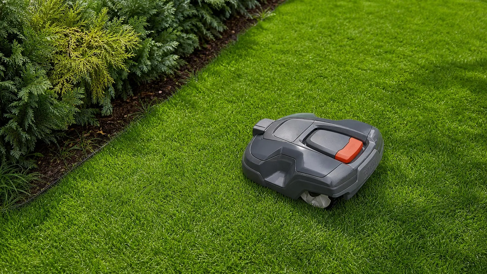 Mähroboter auf gepflegtem Gartenrasen