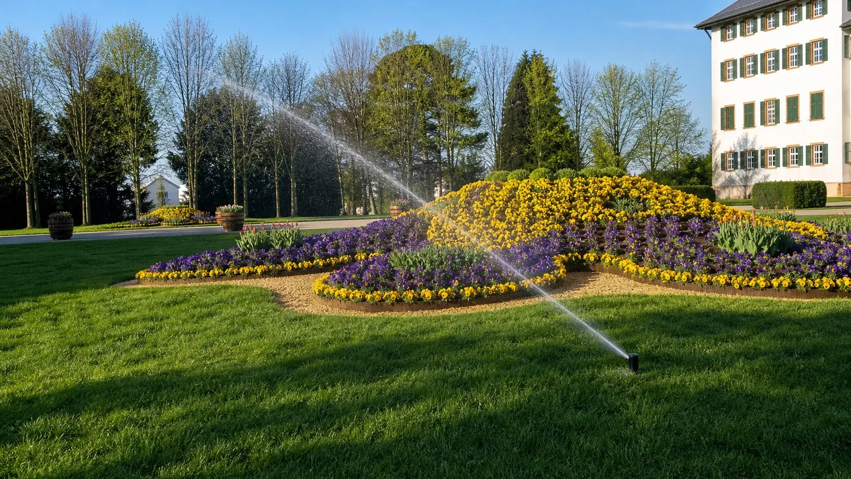 Parkanlage mit Blumenbeeten und automatischer Bewässerung