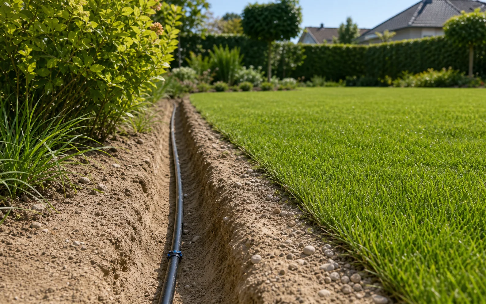 Sandiger Boden im Hessischen Ried mit verlegter Bewässerungsleitung im Garten