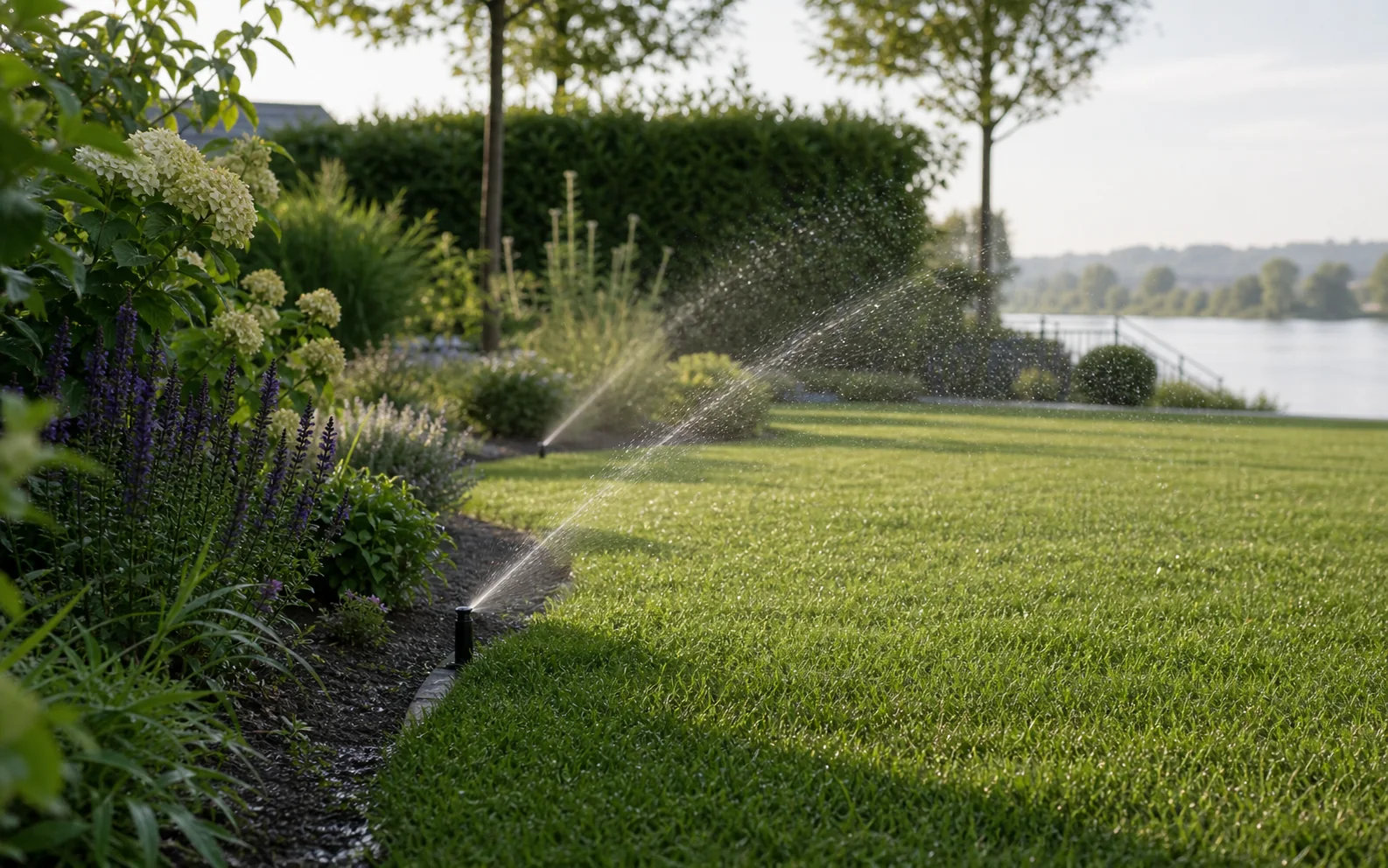 Garten am Mainufer mit laufender automatischer Bewässerung