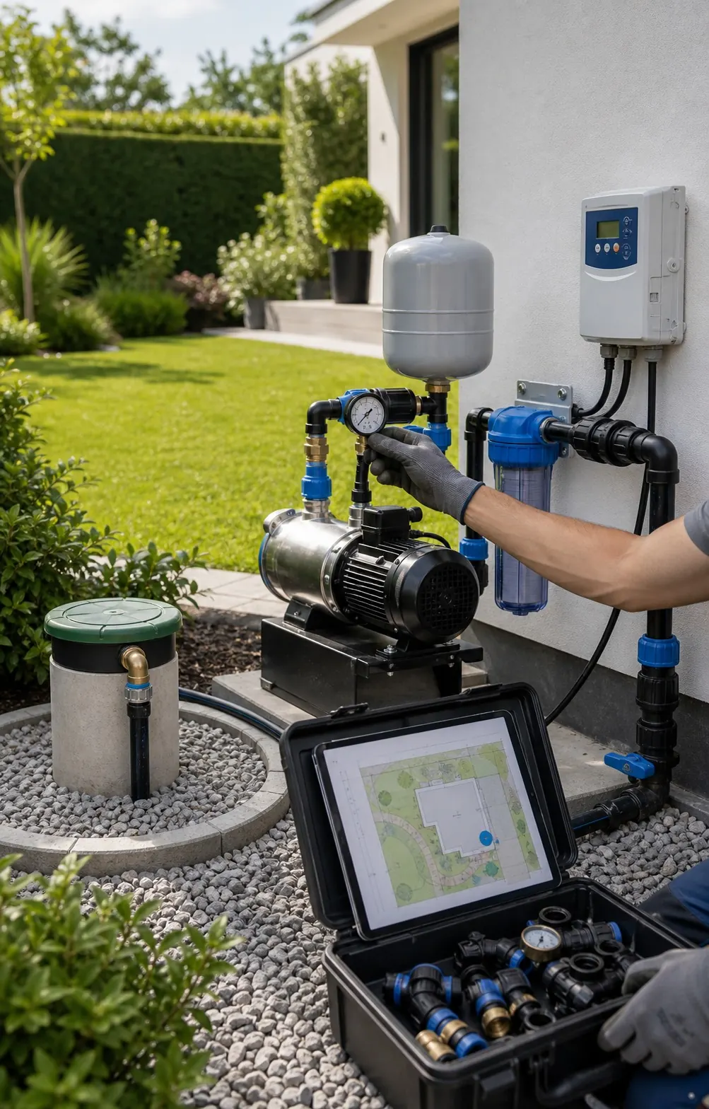 Brunnen-Service mit Pumpe, Filter, Anschlussplan und Wartungswerkzeug