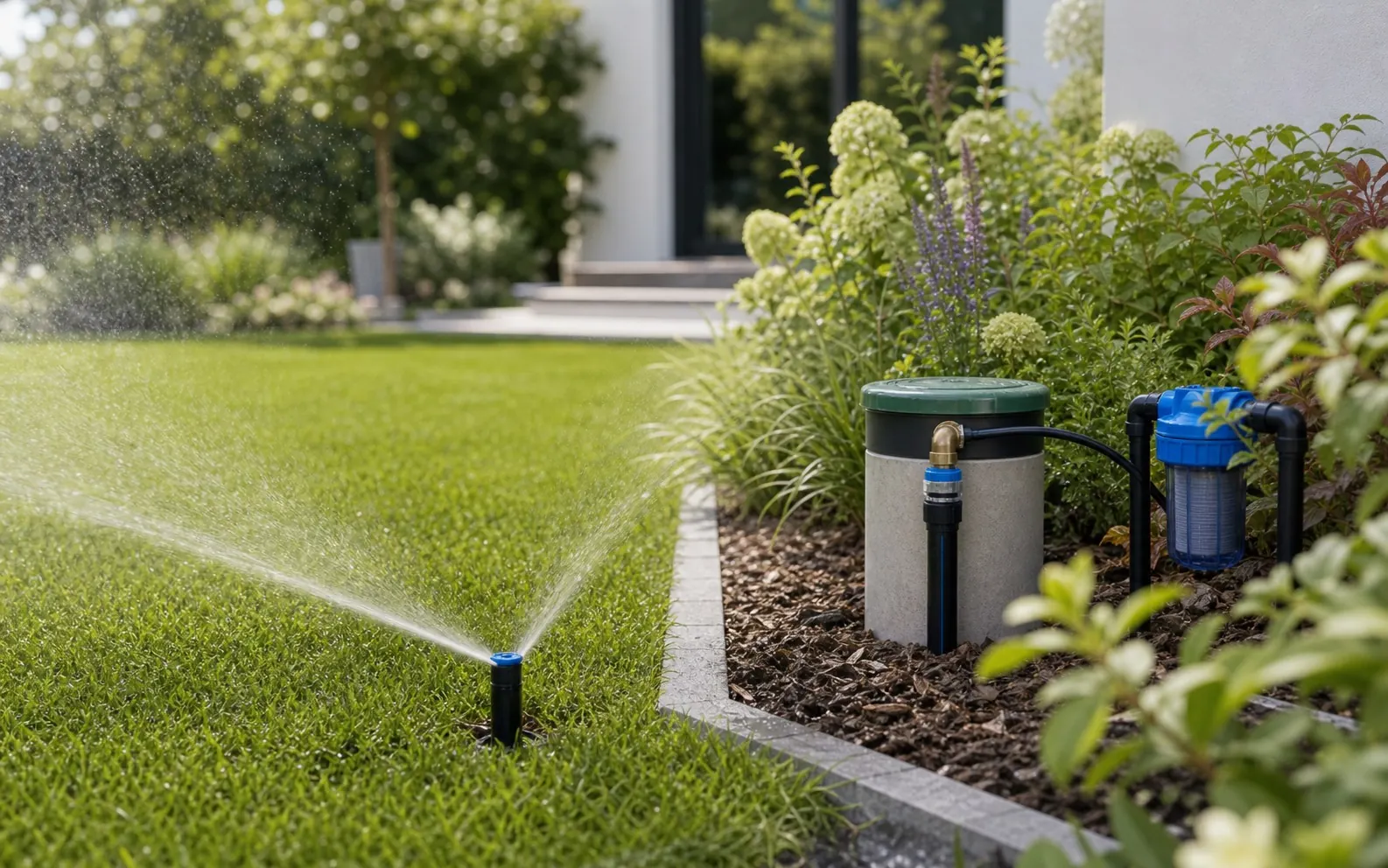 Gartenbewässerung mit laufendem Regner und Wassertechnik
