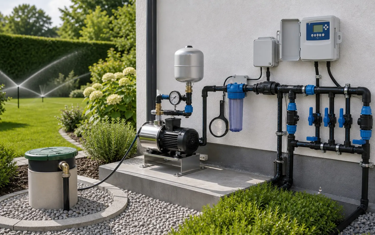 Brunnenwasser-System mit Pumpe, Filter, Steuerung und Bewässerungsanschluss