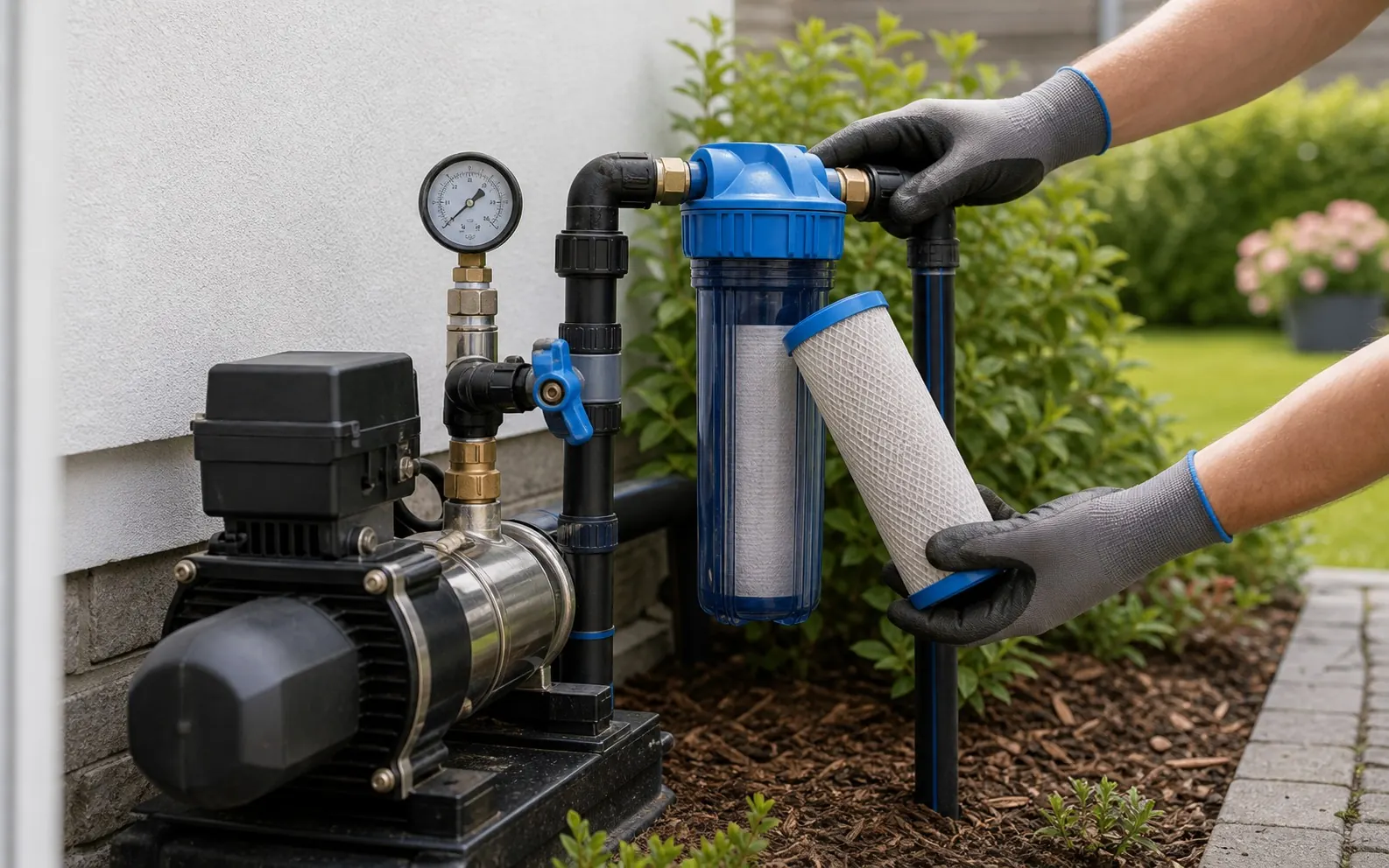 Wartung von Filter, Pumpe und Druckanzeige einer Brunnenanlage