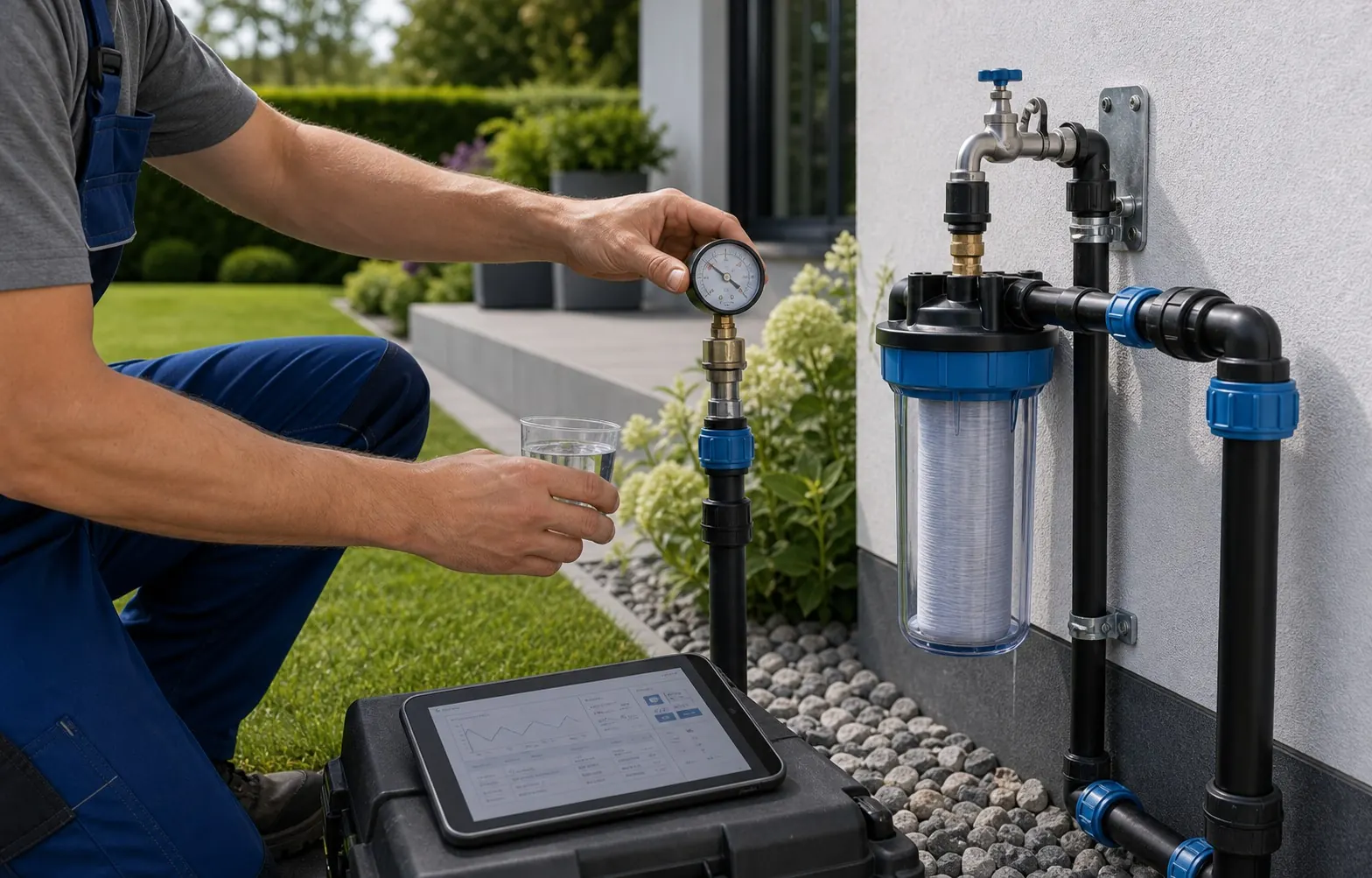 Techniker prüft Brunnenwasser mit Manometer, Filter und Wasserprobe