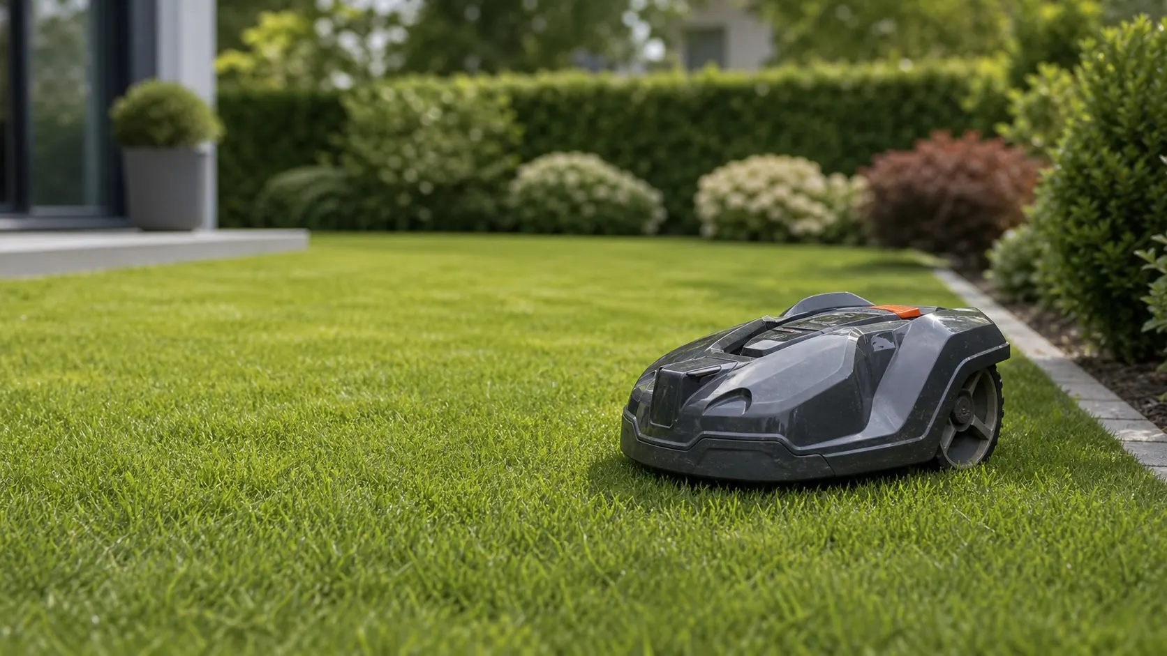 Mähroboter im gepflegten Gartenrasen