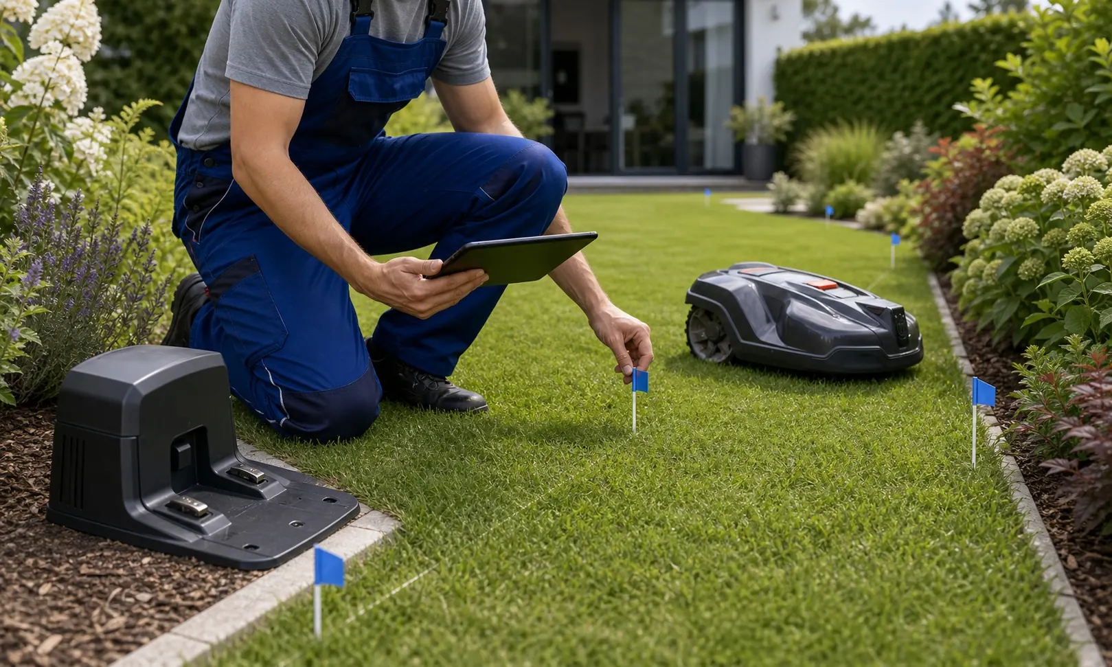 Techniker plant Mähroboter-Installation mit Ladestation und Markierungen im Garten