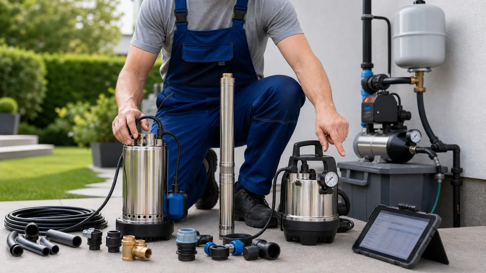 Verschiedene Pumpenmodelle und Komponenten für Gartenbewässerung und Wassertechnik