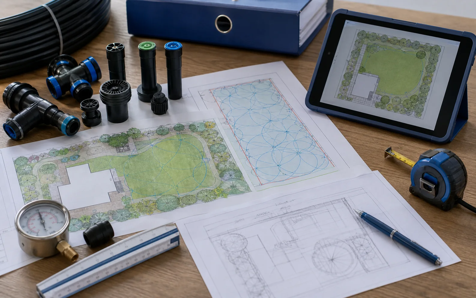 Planungstisch mit Bewässerungsplan, Druckmesser, Regnern und Rohrmaterial