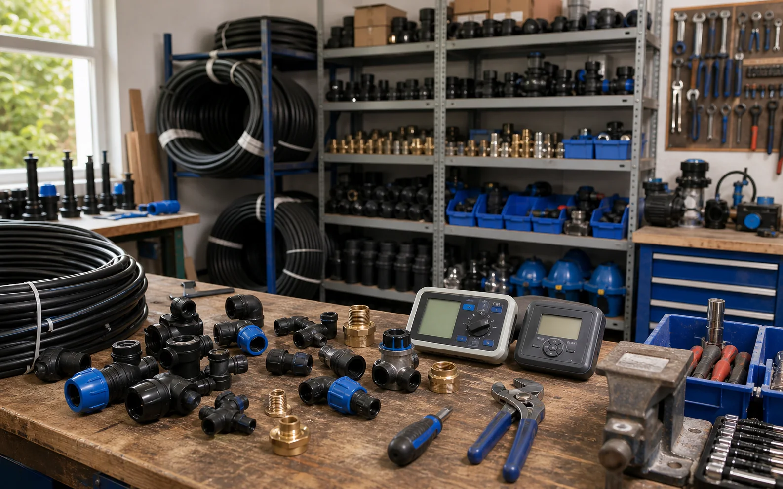 Werkstatt mit Bewässerungstechnik, Rohrmaterial und Werkzeugen