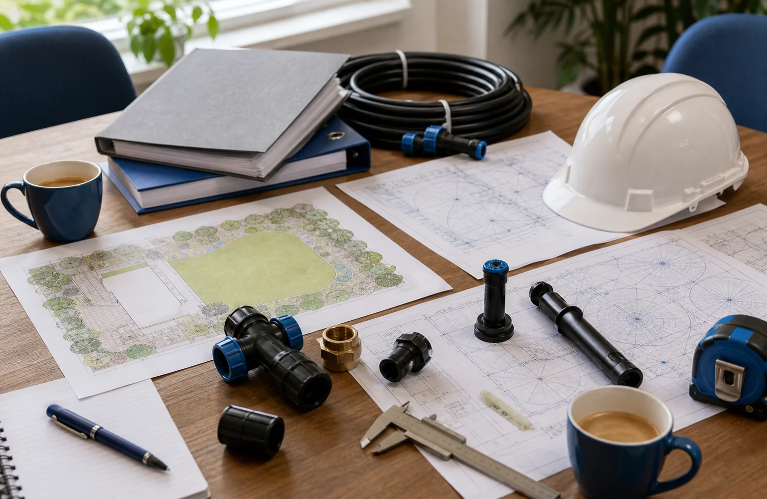 Planungstisch mit Unterlagen, Helm, Rohrmaterial und Werkzeugen als Symbol für Partner-Netzwerk