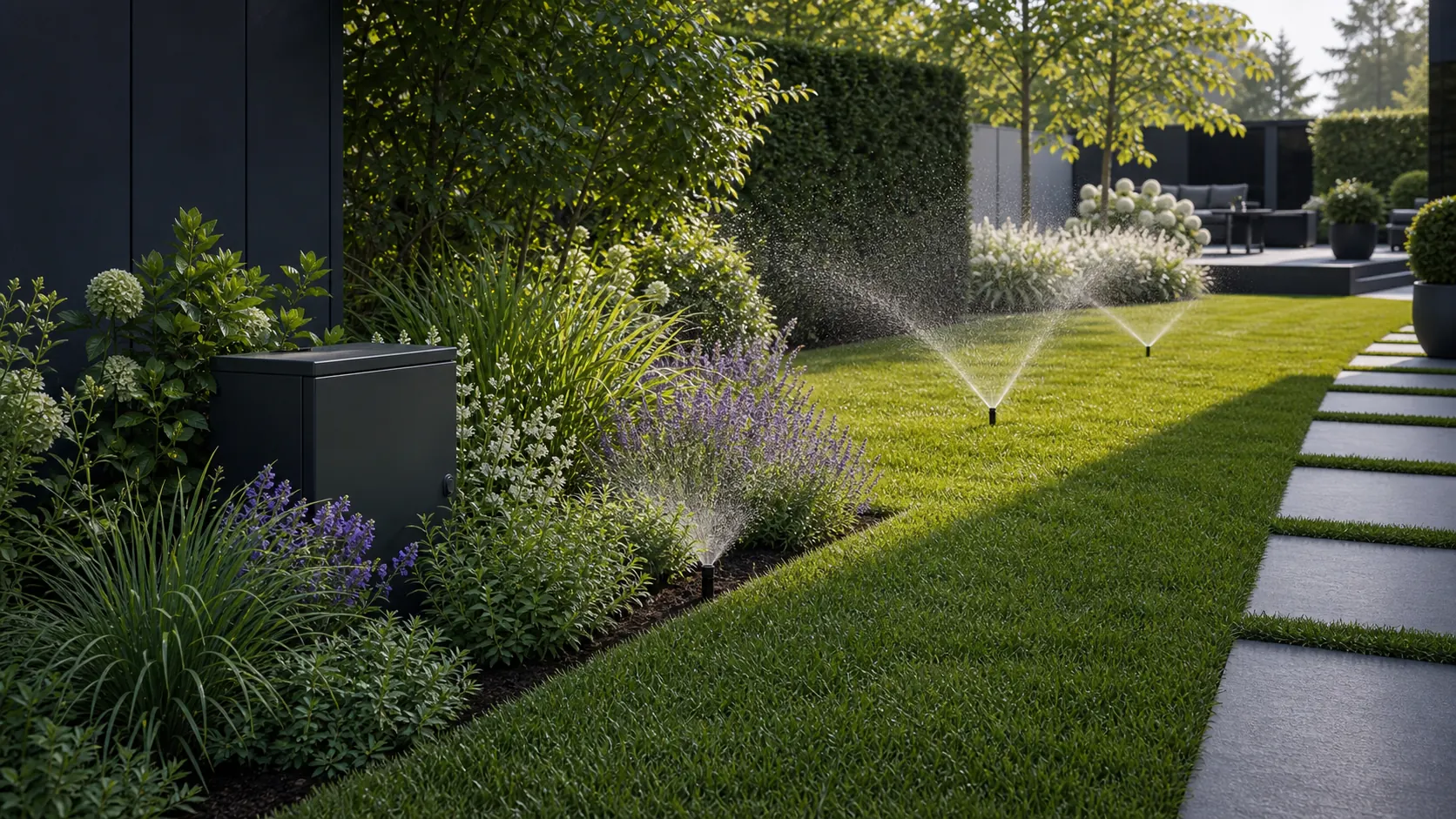 Garten mit Bewässerungszonen und laufenden Regnern