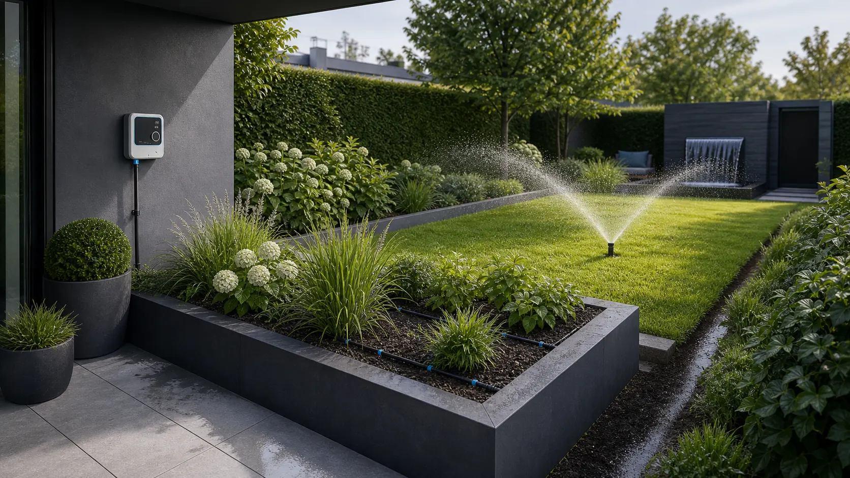 Garten mit Rasenbewässerung, Beetbewässerung und Steuerung