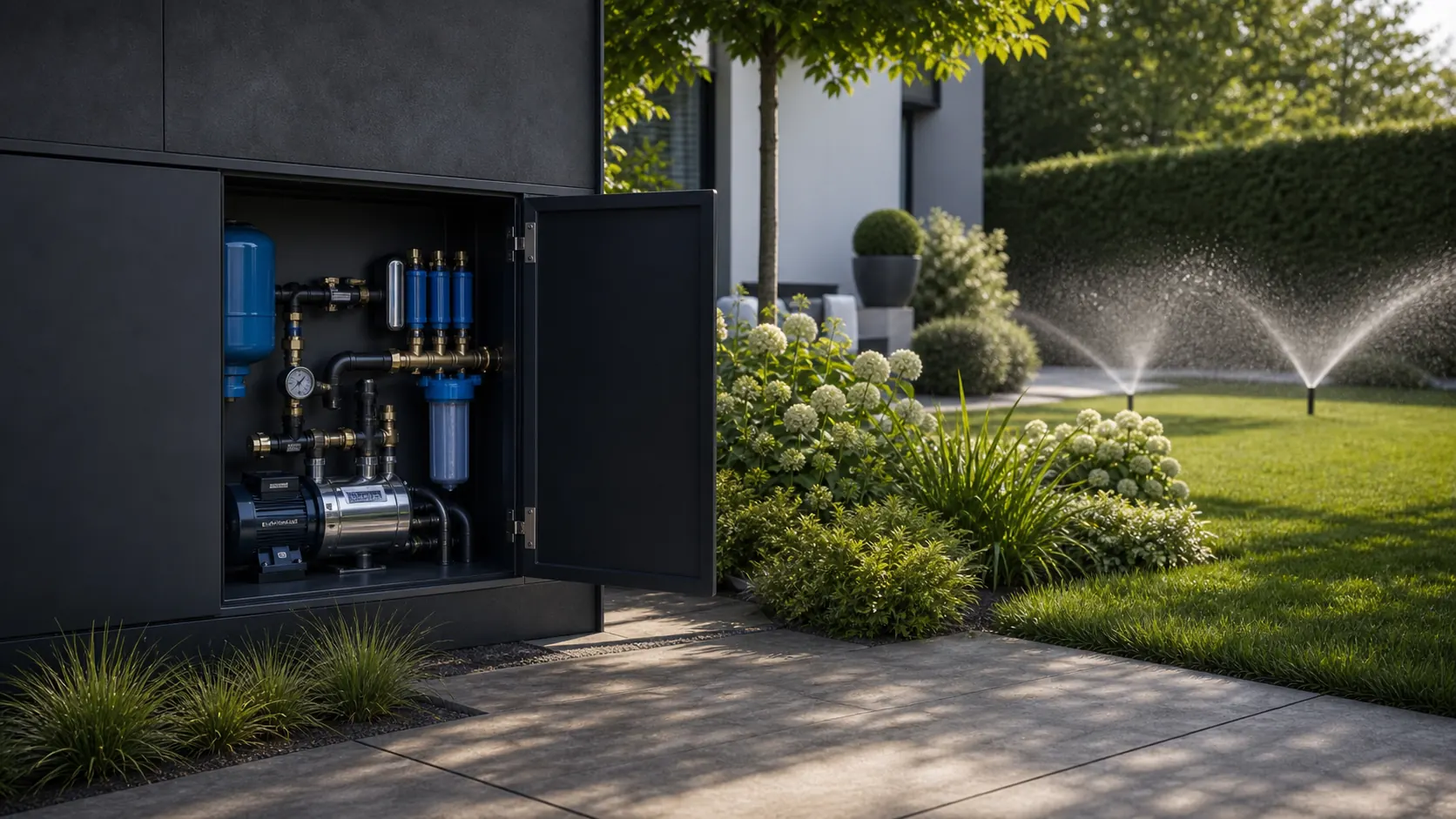 Pumpen- und Filtertechnik in einer Garten-Servicebox