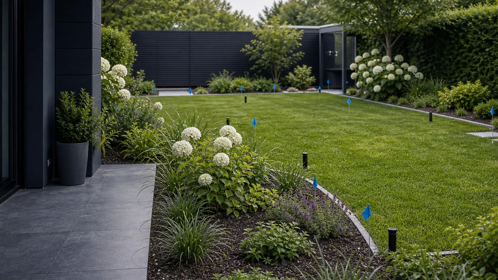 Garten mit markierten Bewässerungszonen und Regnerpositionen