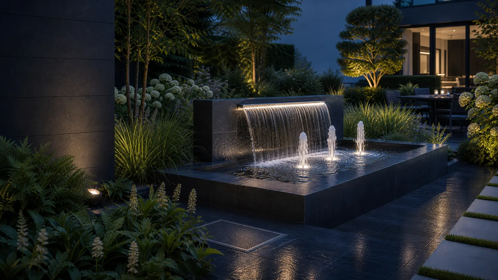 Moderner Gartenbrunnen mit integriertem Serviceschacht