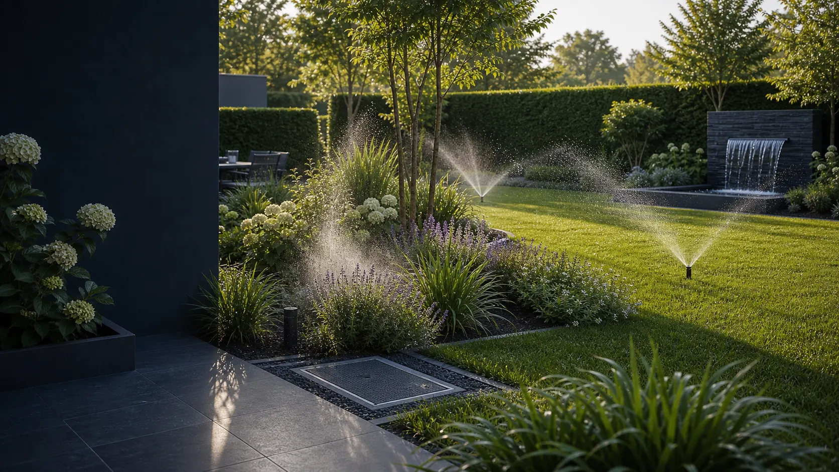 Wissensübersicht mit fertiger Gartenbewässerung und Wasserspiel