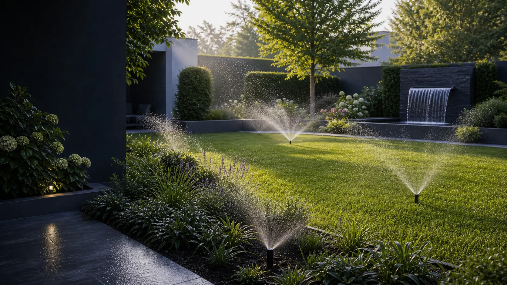 Garten mit laufender Bewässerung und Wasserspiel